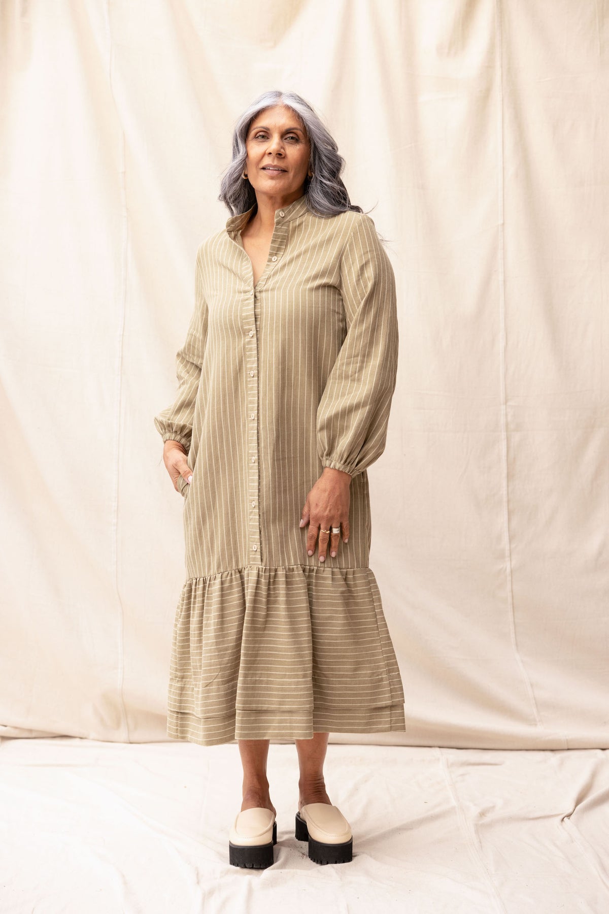Camille Dress | Moss Stripe - ReCreate Clothing