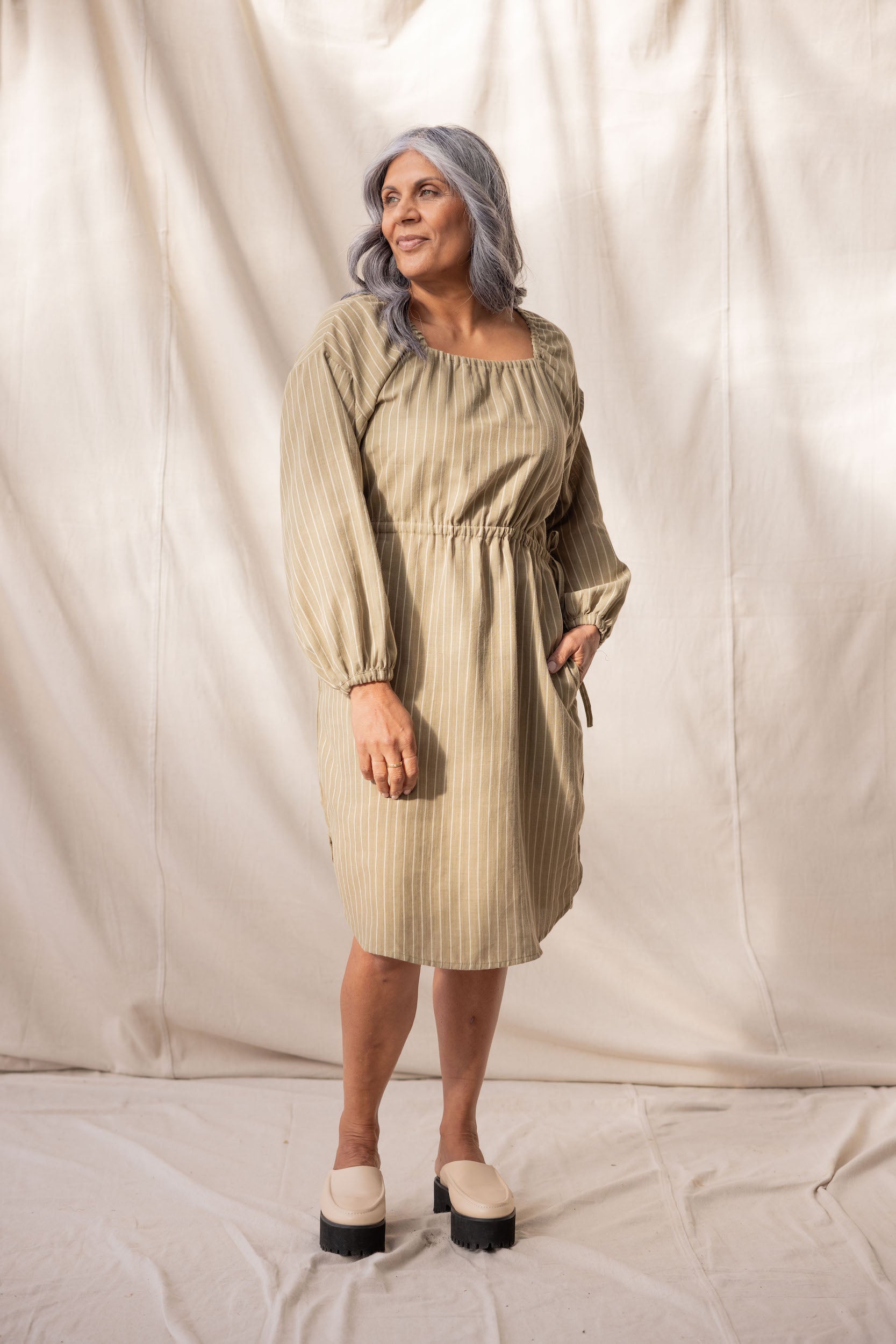 Rose Dress | Moss Stripe - ReCreate Clothing