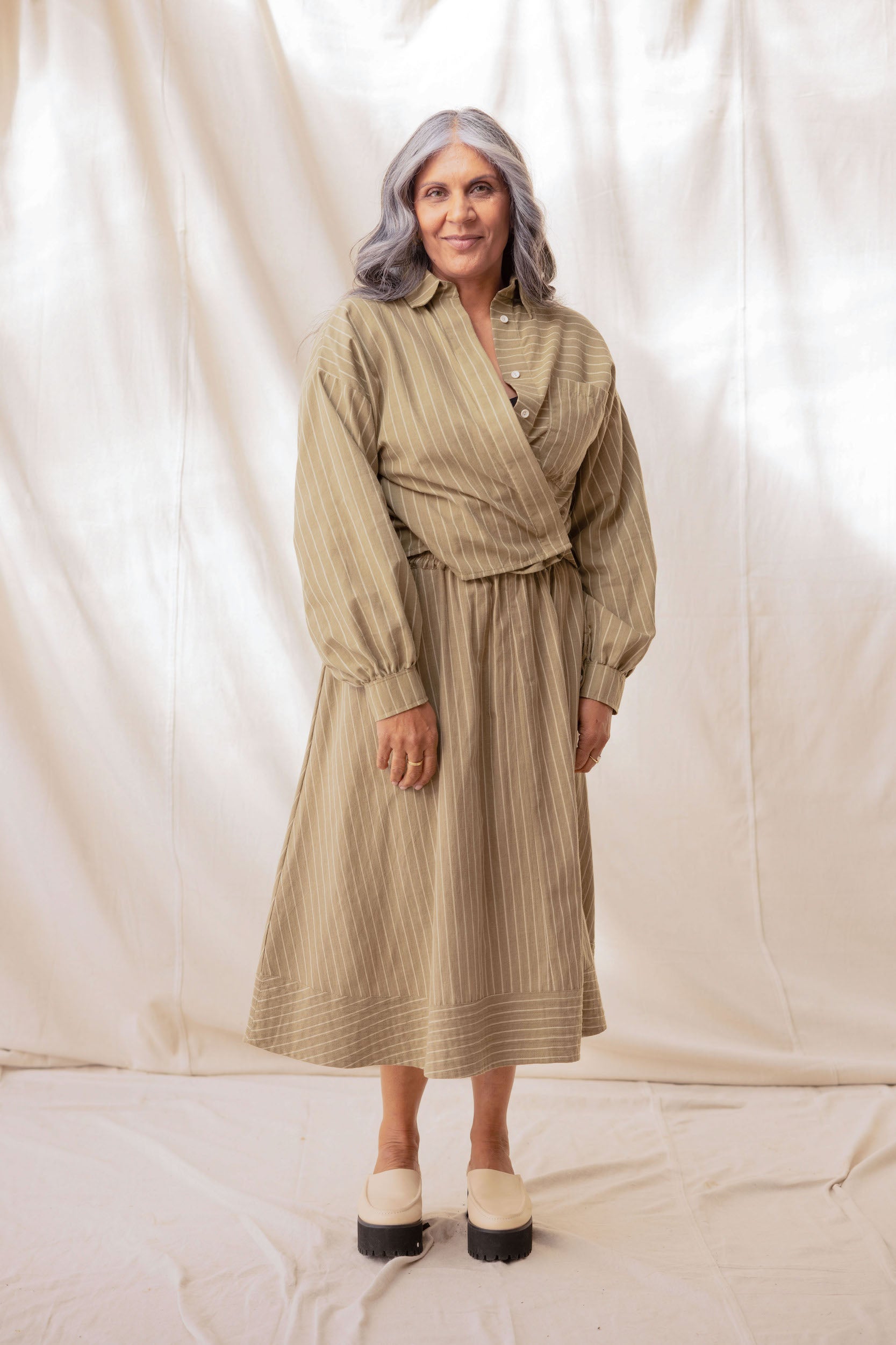 Boxy Shirt | Moss Stripe | S - ReCreate Clothing