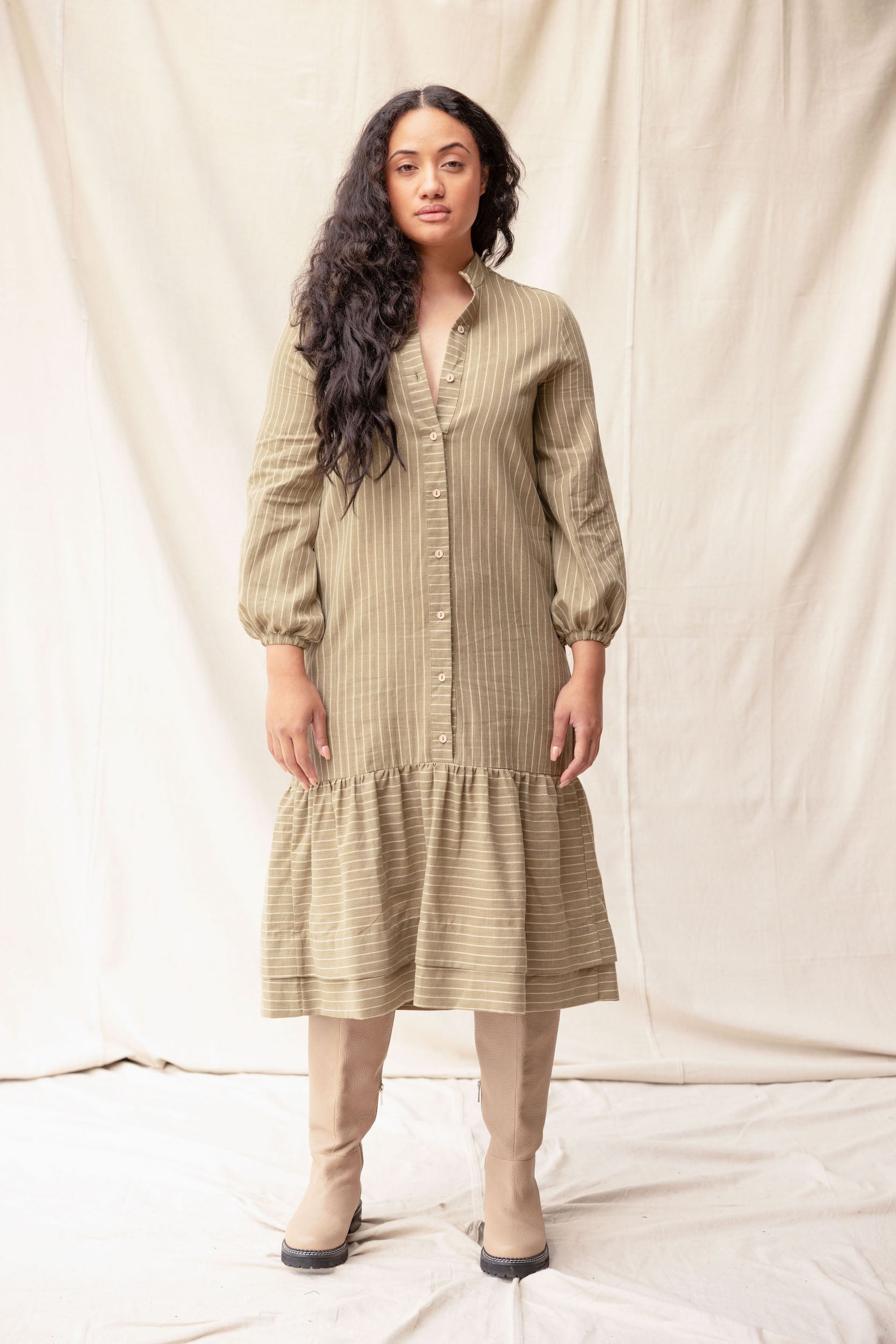 Camille Dress | Moss Stripe | M - ReCreate Clothing